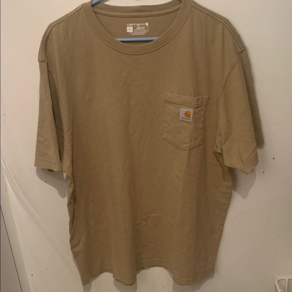 Like New Carhartt Brown Short Sleeve 100% Cotton Tee W/  Front Pocket SZ L Loose